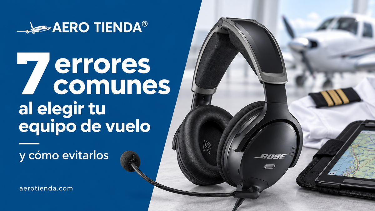 Ilustración de un headset de aviación, charreteras y una tableta en una piernera, con avionetas al fondo.