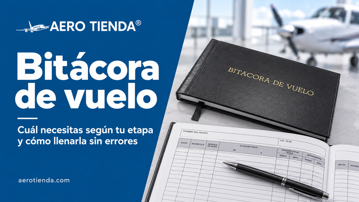 Ilustración de una bitácora de vuelo de pasta negra junto a una bitácora abierta y una pluma, con avionetas al fondo.