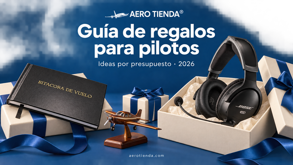 Ilustración de regalos para pilotos: una bitácora de vuelo, un avión a escala de madera y un headset en una caja de regalo.