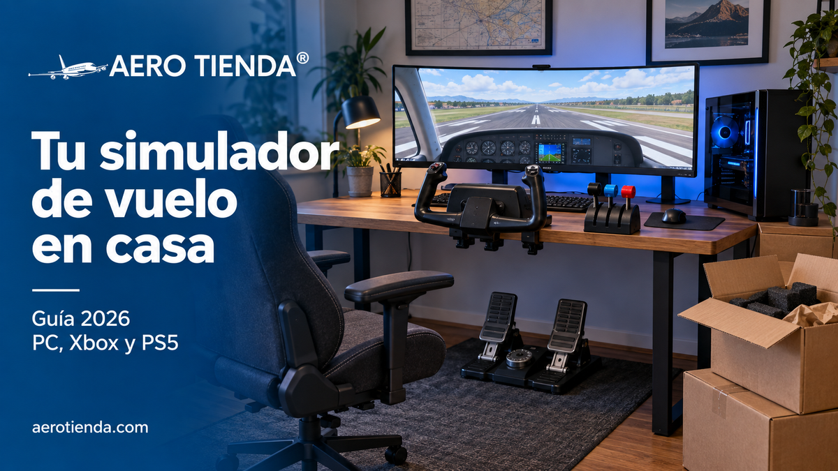 Ilustración de un simulador de vuelo en casa: yoke, cuadrante de aceleración y pedales frente a un monitor curvo.