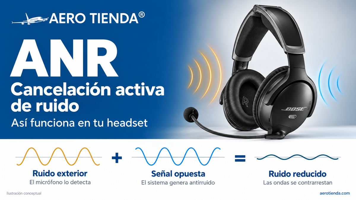 Ilustración de un headset de aviación y del esquema de la cancelación activa de ruido: ruido exterior más señal opuesta da ruido reducido.