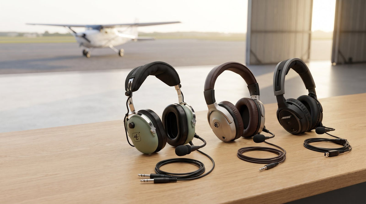 Tres headsets de aviación sobre un banco de trabajo en un hangar: David Clark H10-13.4, Lightspeed Zulu 3 y Bose A30.