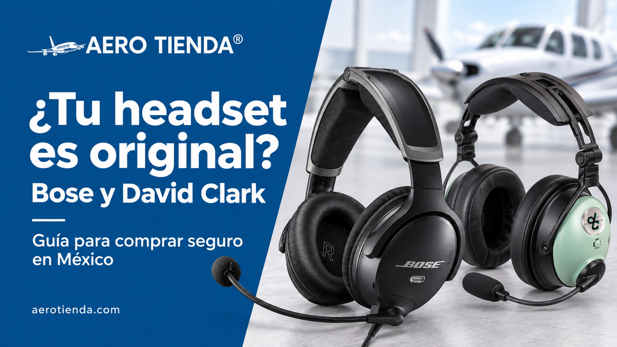 Ilustración de dos headsets de aviación, uno negro y uno verde, con avionetas al fondo.