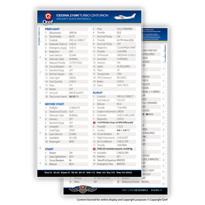 Cessna Turbo 210M Centurion Tarjeta Checklist
