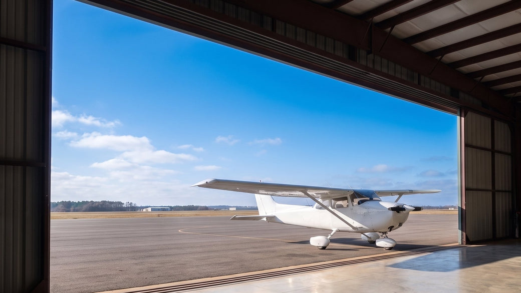 Avioneta Cessna frente a la puerta abierta de un hangar