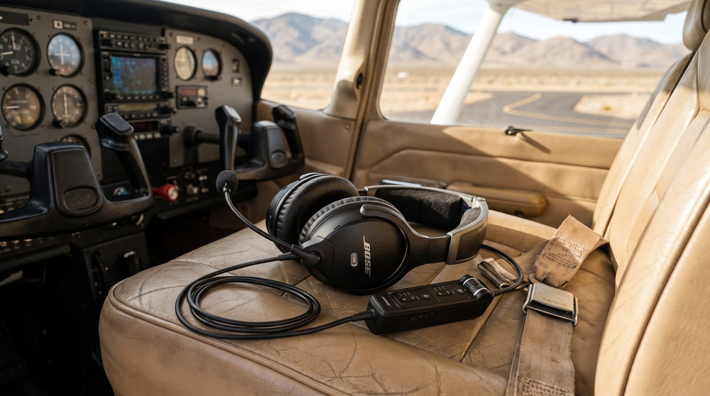 Bose A30 sobre el asiento del copiloto de una avioneta de pistón (imagen ilustrativa)