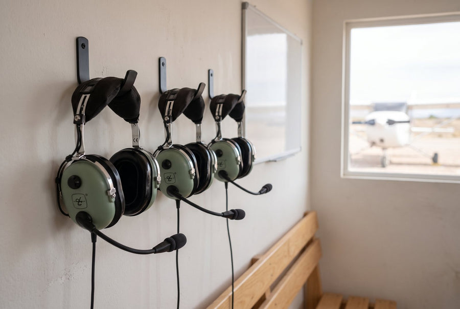 Tres headsets David Clark H10-13.4 colgados en la sala de briefing de una escuela de vuelo