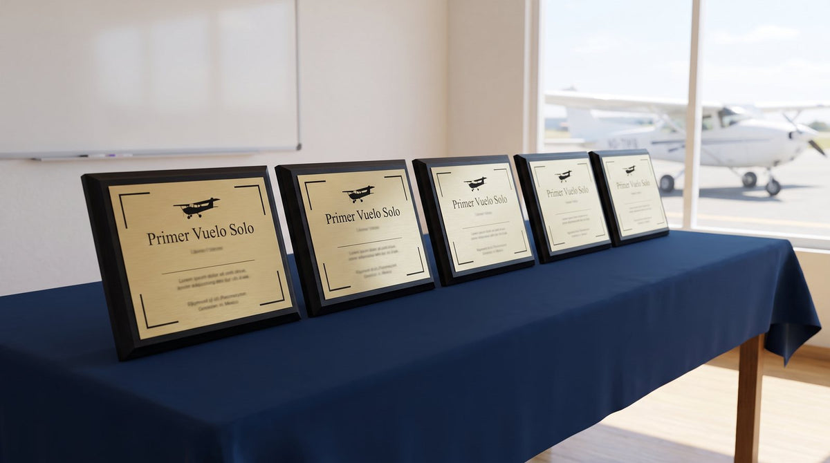 Cinco placas de primer vuelo solo en una mesa de salón de escuela de aviación (imagen ilustrativa)