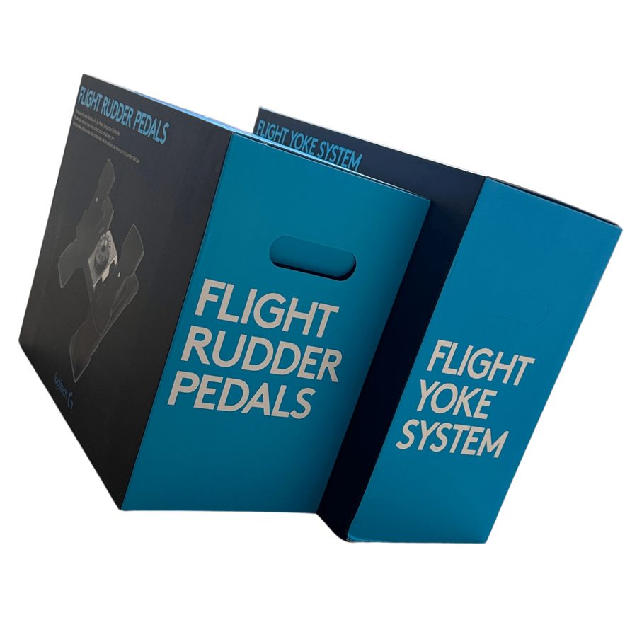 Cajas reales selladas del Logitech G Flight Yoke System y los Flight Rudder Pedals