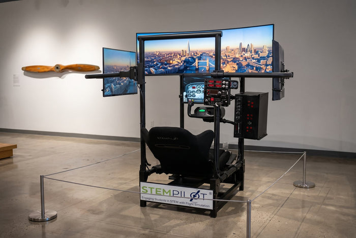 Simulador STEMPILOT Pilot Pro 4i Curve en la sala de un museo de aviación (imagen ilustrativa)