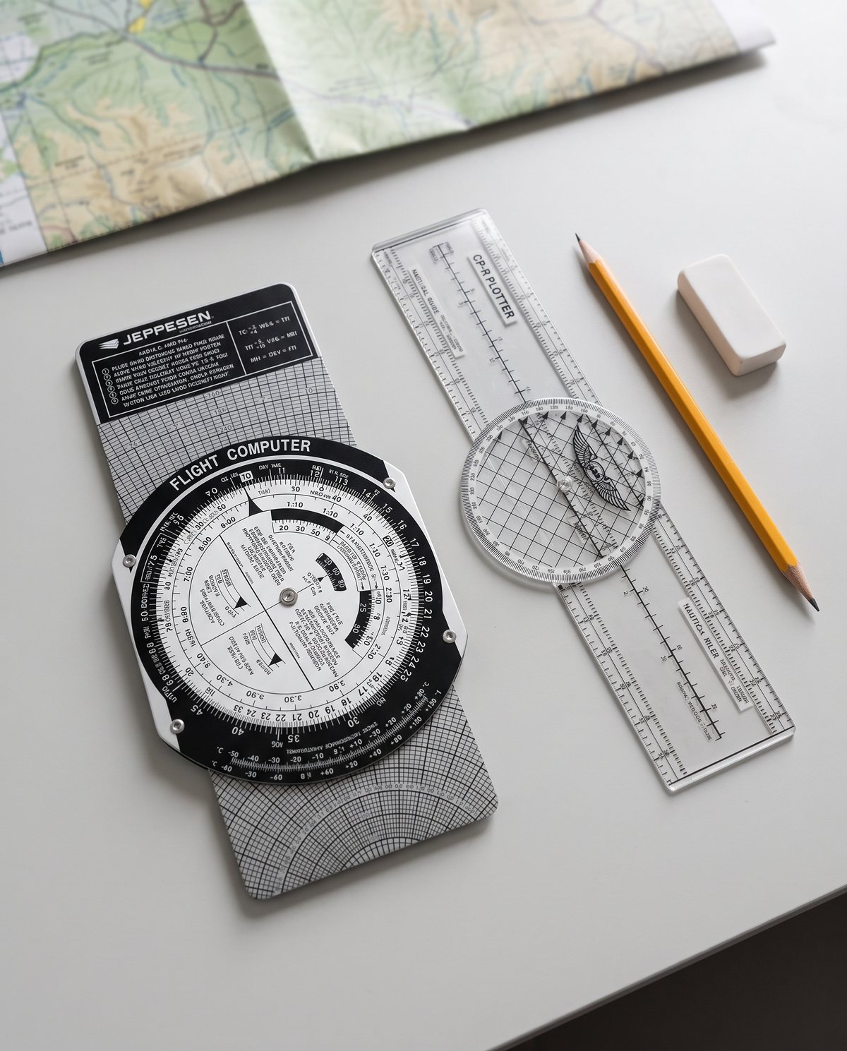 Computador de vuelo Jeppesen E6B, plotter ASA, lápiz y una carta aeronáutica sobre un escritorio (imagen ilustrativa)