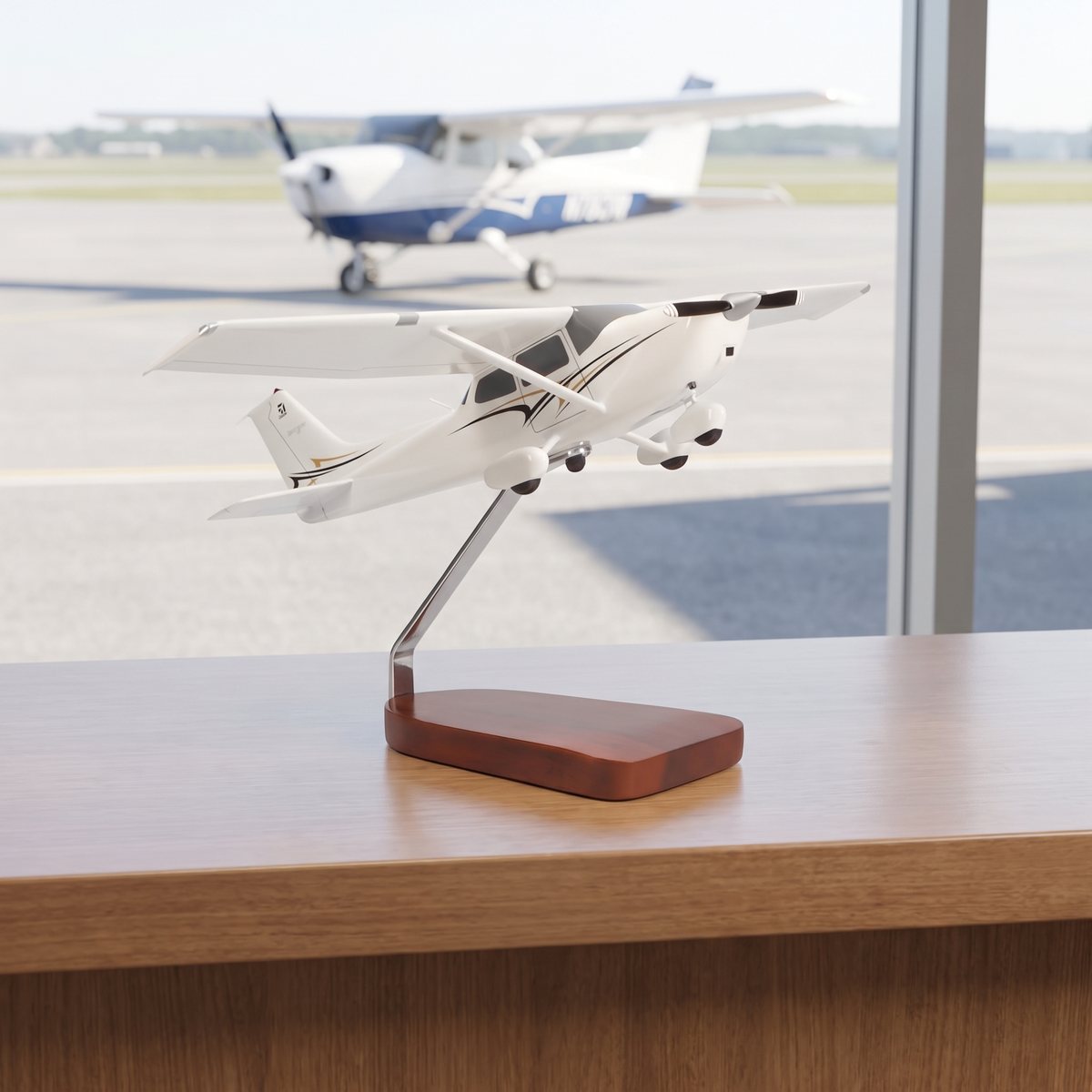 Modelo de caoba de una avioneta de ala alta sobre un mostrador, con un avión en la plataforma al fondo (imagen ilustrativa)