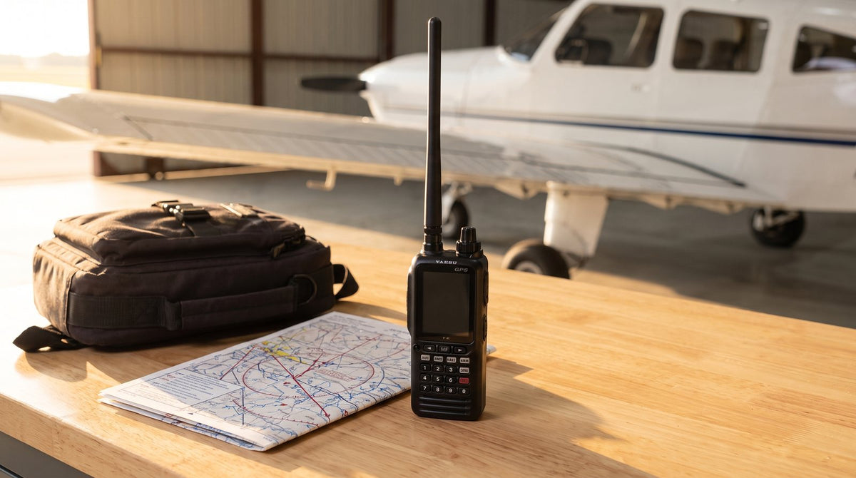Radio portátil Yaesu con GPS de pie sobre una mesa de hangar, junto a una carta aeronáutica y una mochila