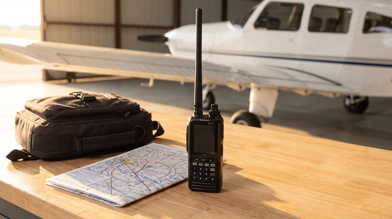 Radio VHF portátil sobre una mesa en un hangar, con una avioneta al fondo