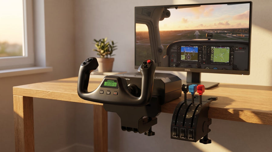 Yoke y cuadrante Logitech sujetos a un escritorio de madera frente a un monitor