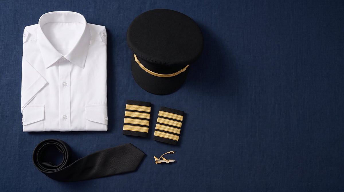 Camisa blanca, charreteras de 4 barras, corbata negra, kepi y pisacorbatas sobre fondo azul marino