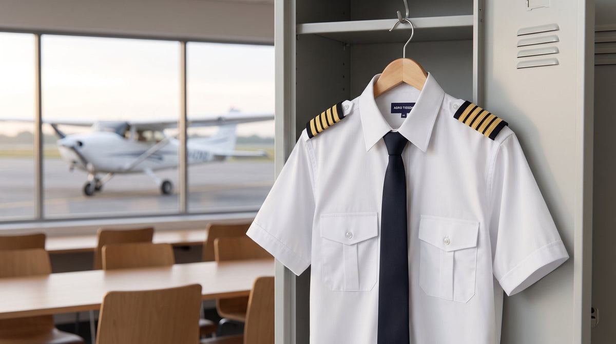 Camisa blanca de piloto con charreteras y corbata negra, colgada frente a una ventana con avionetas
